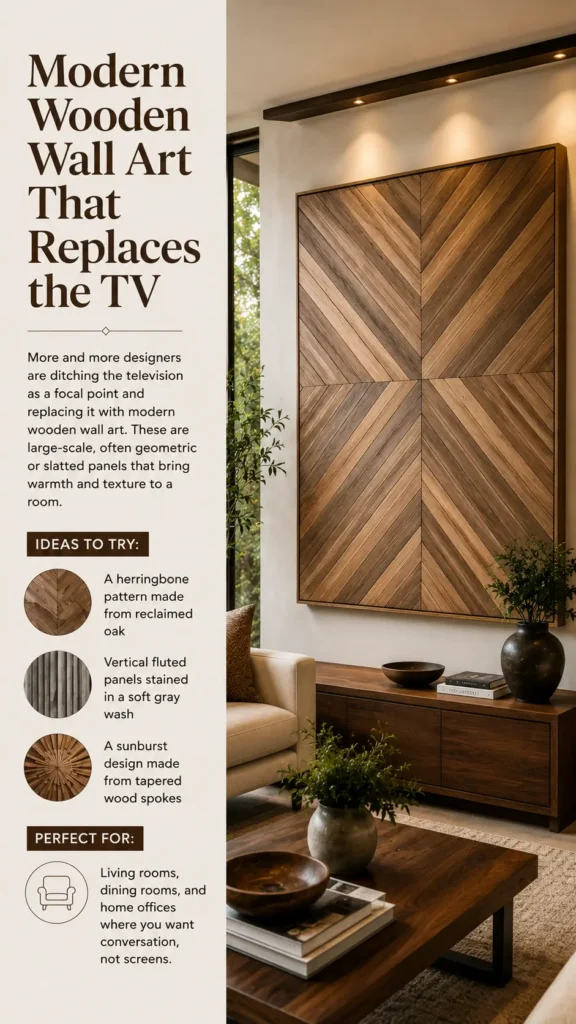 A large, geometric wooden wall art panel with a prominent chevron pattern hangs above a dark wood console table in a modern living room. Warm recessed ceiling lights illuminate the artwork. On the left, an infographic panel titled "Modern Wooden Wall Art That Replaces the TV" explains how designers are ditching screens for texture. It includes "Ideas to Try" (herringbone oak, vertical fluted panels, sunburst design) and notes it is "Perfect for" screen-free living and dining rooms.