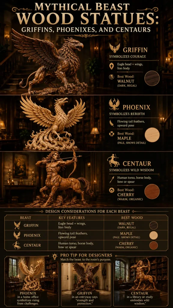 An infographic titled "MYTHICAL BEAST WOOD STATUES: GRIFFINS, PHOENIXES, AND CENTAURS." It features three detailed wood sculptures: a fierce griffin, a rising phoenix, and a muscular centaur drawing a bow. Each section includes symbolisms, key features, and wood recommendations (walnut, maple, cherry). A table at the bottom summarizes these details, alongside a designer tip panel showing how to place each mythical creature in various home settings like home offices and entryways.