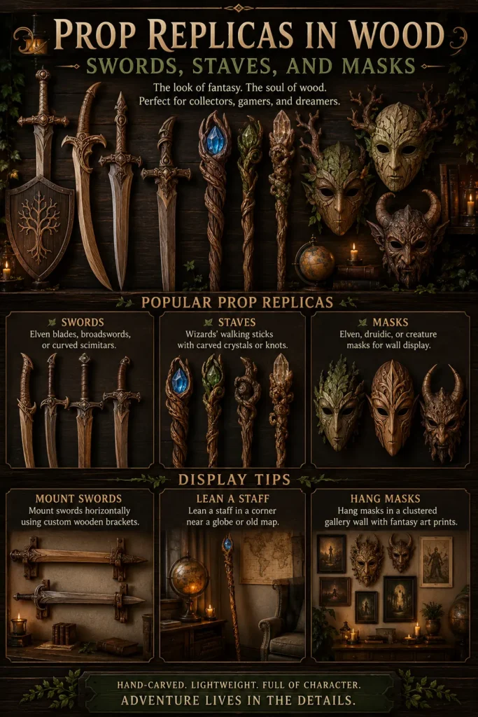An infographic titled "PROP REPLICAS IN WOOD: SWORDS, STAVES, AND MASKS." It features three expertly carved fantasy prop replicas: a legendary wooden sword stuck in a stone pedestal, an ornate wizard staff with an embedded glowing crystal, and an intricate, weathered tribal fantasy mask. Each prop section includes styling tips, size considerations, and recommended wood types like ash, oak, and cedar. A design summary table at the bottom outlines room staging ideas.