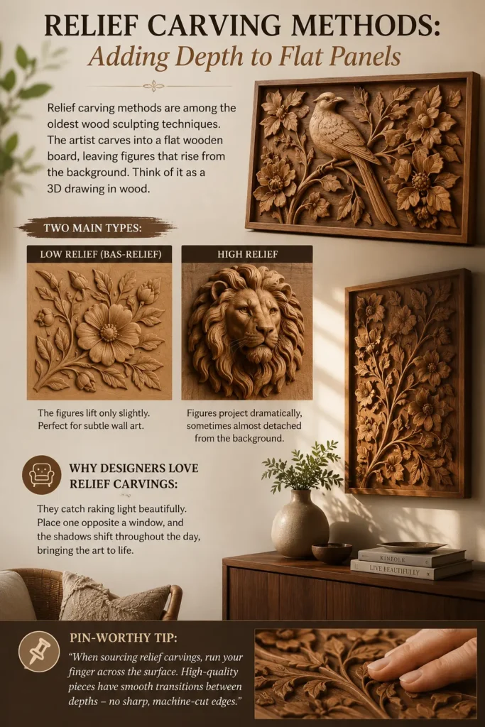 An infographic titled "RELIEF CARVING METHODS: Adding Depth to Flat Panels" features framed wooden wall art. The main visuals show a carved panel of a bird among flowers and a vertical floral panel hung above a wooden console table. The center grid highlights two main types: "Low Relief" featuring a subtle flower carving and "High Relief" showcasing a dramatically projecting lion's head. A "Pin-Worthy Tip" at the bottom shows a hand feeling the smooth transitions of the woodwork.