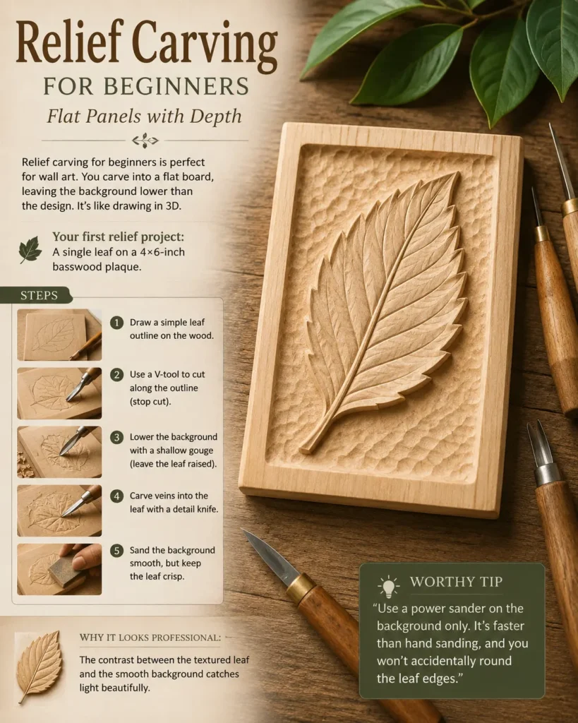 An infographic titled "RELIEF CARVING FOR BEGINNERS: FLAT PANELS WITH DEPTH." The main focus is a rectangular basswood plaque featuring a detailed leaf carving raised against a textured, hammered background. The left column outlines a 5-step process with small thumbnail images demonstrating how to draw the leaf, cut the outline with a V-tool, lower the background with a gouge, carve veins with a detail knife, and sand. Woodcarving tools with wooden handles surround the project plaque.