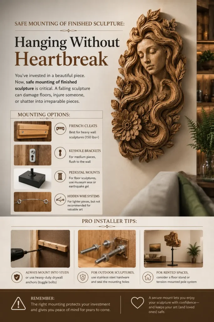 An educational infographic titled "5. SAFE MOUNTING OF FINISHED SCULPTURE: Hanging Without Heartbreak." The top right features a close-up of a rustic, abstract wooden sculpture securely mounted on a dark gallery pedestal. Below, a step-by-step flowchart details different mounting methods: choosing between a wall mount, floor pedestal, or table easel; calculating the weight and load capacity; and selecting heavy-duty anchors or studs. A pro tip section sits at the bottom.