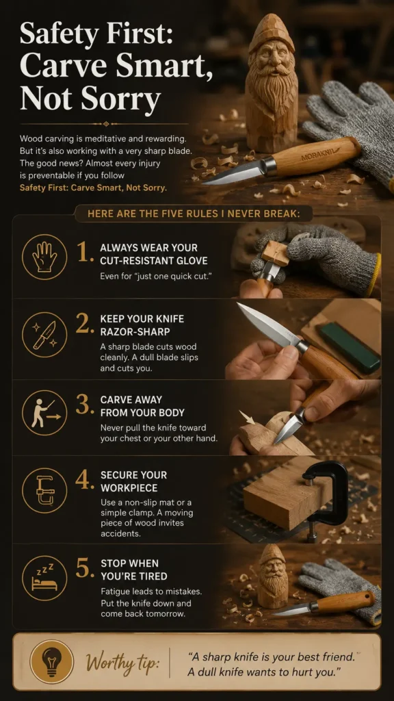 A comprehensive safety guide for wood carving featuring five essential rules for beginners. The image shows: 1. Wearing a cut-resistant glove. 2. Keeping the knife razor-sharp with a strop. 3. Carving away from the body. 4. Securing the wood with a clamp. 5. Stopping when tired to avoid mistakes. The pin also features a "Worthy Tip" stating that a sharp knife is a carver's best friend. The visual includes high-quality photos of carving tools, safety gear, and a finished wood-carved gnome on a rustic workbench.