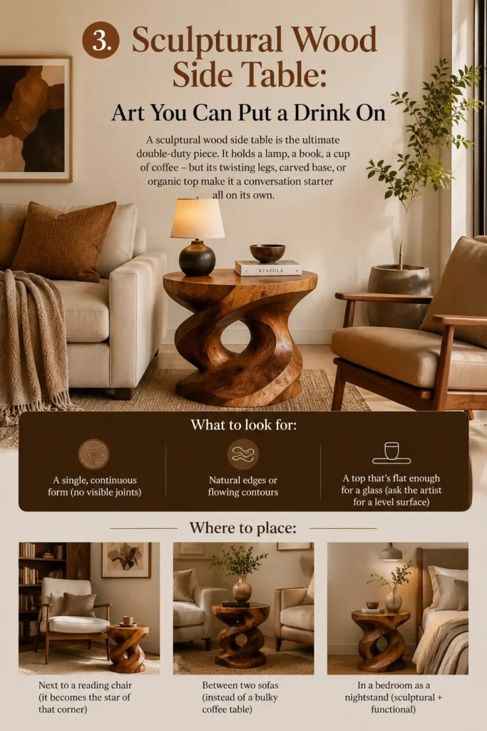An infographic titled "3. SCULPTURAL WOOD SIDE TABLE: ART YOU CAN PUT A DRINK ON." The main image shows a living room corner featuring a unique side table carved from a single piece of wood into fluid, interlocking loops. Next to a plush armchair, a cocktail glass rests on the flat top of the table. The infographic text provides a buyer's checklist—covering stability, surface protection, and functionality—alongside styling tips for integrating the piece into home decor.
