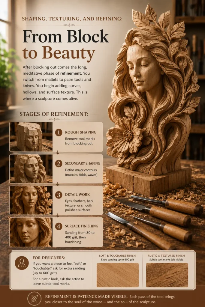 An educational infographic titled "4. SHAPING, TEXTURING, AND REFINING: From Block to Beauty." On the right, a detailed wood sculpture of a serene woman with flowing hair and leaves stands next to wood-carving tools. Below, a step-by-step refinement process is shown: shaping facial details, texturing the hair with fine gouges, and polishing and finishing the surface. A pro tip at the bottom gives advice on working with the grain rather than against it.