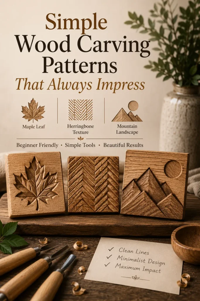 An infographic titled "SIMPLE WOOD CARVING PATTERNS THAT ALWAYS IMPRESS." The top features minimal line icons of a maple leaf, herringbone texture, and a mountain landscape. Below them, three square wooden blocks demonstrate the finished physical carvings of those exact patterns with deep relief details. In the foreground, wood chisels rest on a workbench next to a note that reads "Clean Lines, Minimalist Design, Maximum Impact," creating a cohesive beginner-friendly guide.