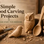 An infographic titled "7 SIMPLE WOOD CARVING PROJECTS YOU CAN START THIS WEEKEND." The image displays seven finished beginner woodcarving projects on a rustic, shaving-covered workbench. The handcrafted objects include a detailed owl, a bearded garden gnome with a pointed hat, a small rounded bird, a tall leaf relief block, a sunflower relief plaque, a shallow leaf-shaped dish, and a smooth wooden spoon. Carving tools with wooden handles lie scattered around the workspace.