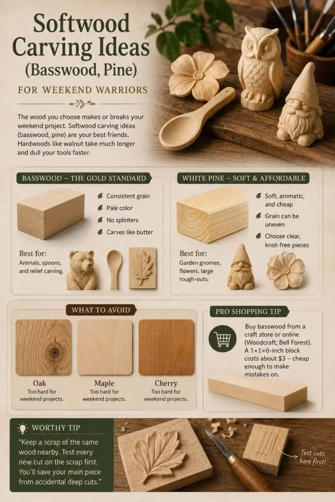 An infographic titled "SOFTWOOD CARVING IDEAS (BASSWOOD, PINE) FOR WEEKEND WARRIORS." The top features a wooden spoon, flower, owl, and gnome carving. Below, two panels compare basswood (the gold standard for animals and spoons) and white pine (soft and affordable for gnomes and flowers), showing raw wood blocks and finished objects. A "What to Avoid" section lists oak, maple, and cherry as too hard. The bottom displays a shopping tip and a leaf carving next to a detail knife.