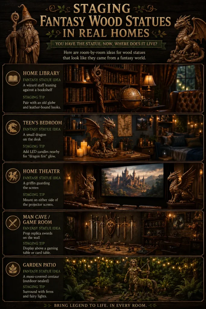 An infographic titled "STAGING FANTASY WOOD STATUES IN REAL HOMES." It lists room-by-room staging tips across five panels: placing a wizard staff near a bookshelf in a home library; a small dragon alongside candles on a teen's bedroom desk; a pair of griffins flanking a screen in a home theater; prop swords on the wall of a game room; and a centaur statue wrapped in ferns on a garden patio. Each idea is paired with atmospheric photo examples set in dimly lit, cozy spaces.