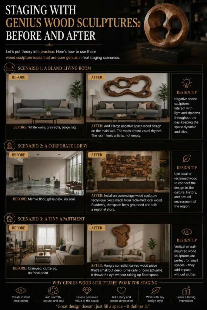 An educational infographic titled "STAGING WITH GENIUS WOOD SCULPTURES: BEFORE AND AFTER." The top right features a large, hollowed abstract circular sculpture on a dark base. Below, three interior design scenarios compare rooms before and after adding wood art: a bland living room elevated by a large negative-space wall panel, a corporate lobby warmed up with a massive wooden assemblage piece, and a tiny apartment accented with a surrealist clock. Icons at the bottom list staging benefits.