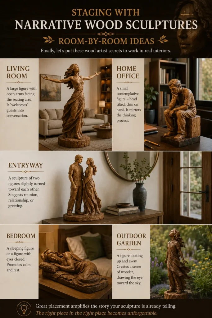 An educational infographic titled "STAGING WITH NARRATIVE WOOD SCULPTURES: ROOM-BY-ROOM IDEAS." The right side showcases a stunning wood sculpture of a woman reaching upward, seamlessly integrated into a warmly lit, modern living room interior. The left column lists interior staging ideas for the entryway, living room, study/office, and bedroom. In the foreground, wood carving chisels and delicate wood shavings rest on a dark workbench.