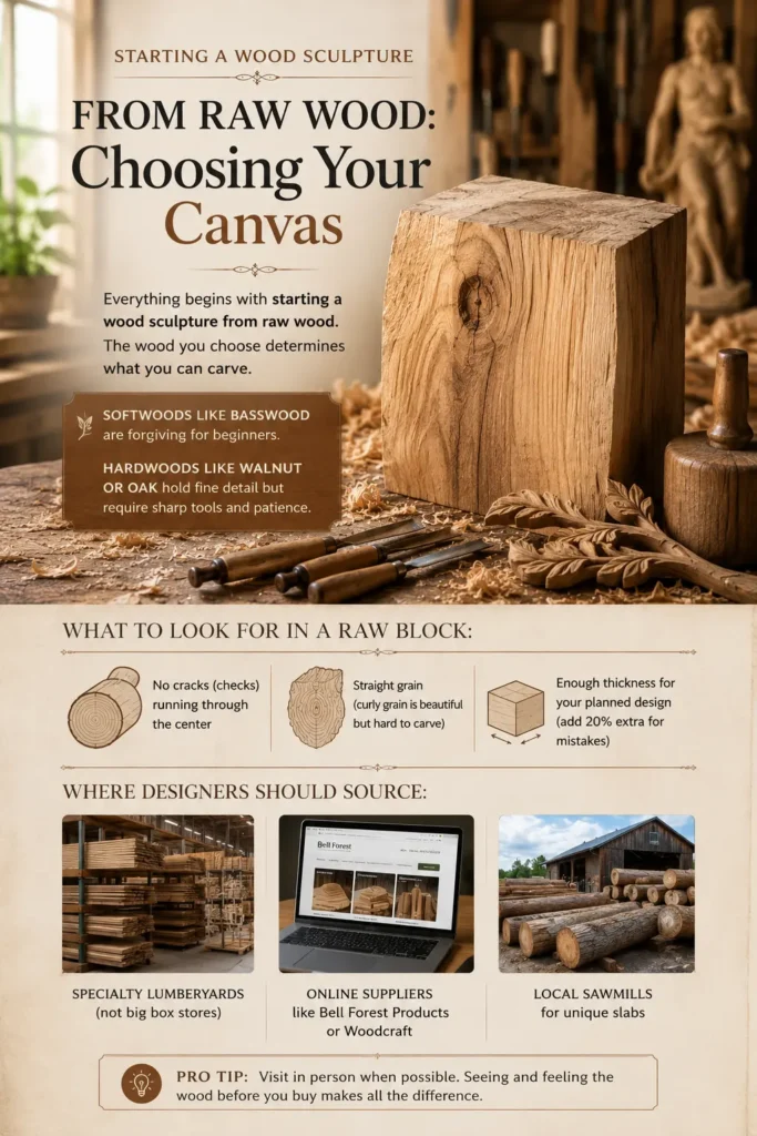 An educational infographic titled "STARTING A WOOD SCULPTURE FROM RAW WOOD: Choosing Your Canvas." The top right features raw logs and thick wood slabs stacked vertically in a workshop. Below, a grid displays four common wood choices for carving: dense walnut slabs, soft basswood blocks, textured reclaimed beams, and organic driftwood pieces. A "Pro Tip" section at the bottom instructs beginners on checking wood moisture and grain direction before starting.