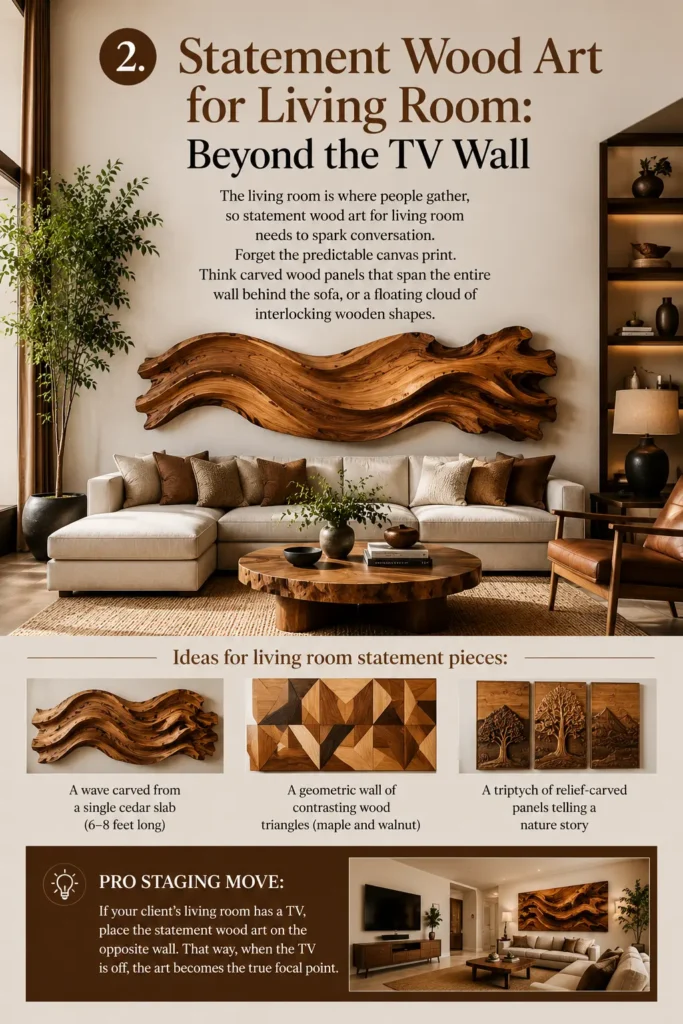 An infographic titled "STATEMENT WOOD ART FOR LIVING ROOM: BEYOND THE TV WALL." A bright, modern living room displays a massive, abstract live-edge wood wall installation with deep, flowing waves over a low dark media console. On a matching live-edge coffee table sits a dark bowl and plant vase. The text outlines three key placement strategies: replacing the typical flat-screen television, flanking windows to frame views, and defining distinct zones in open-concept spaces.