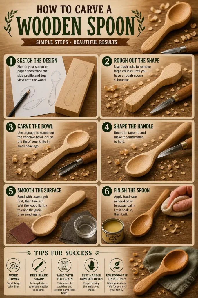 An instructional infographic titled "How to Carve a Wooden Spoon" featuring a 6-step visual guide. Steps include: 1. Sketching the design on a basswood block, 2. Roughing out the silhouette using push cuts, 3. Carving the bowl with a gouge, 4. Shaping and tapering the handle, 5. Smoothing the surface with sandpaper and water, and 6. Finishing with beeswax balm. The pin includes a "Tips for Success" footer emphasizing working slowly, using sharp blades, and food-safe finishes.