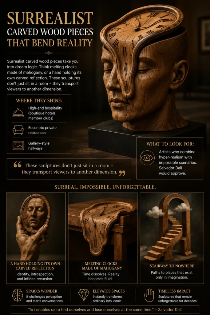 An infographic guide titled "SURREALIST CARVED WOOD PIECES THAT BEND REALITY." The top right features a detailed wooden head sculpture with a melting Salvador Dalí-style clock draping over its face. A lower grid showcases three surreal examples: a hand holding a mirror reflecting its own carved face, a wooden clock melting off the edge of a table, and a curved wooden staircase ascending into floating clouds. Design icons at the bottom emphasize its ability to spark wonder and elevate luxury spaces.