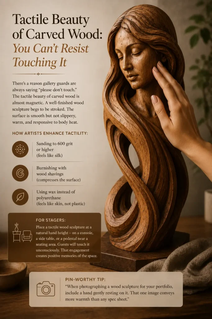 An infographic titled "TACTILE BEAUTY OF CARVED WOOD: YOU CAN’T RESIST TOUCHING IT." The main image shows a hand gently touching the detailed feathers of a carved wooden owl sculpture. Below, three layout panels explain why wood is so inviting: its inviting warmth compared to stone, the rich texture of its grain, and its safe durability. A designer tip at the bottom suggests placing textured sculptures on low tables or surfaces where guests are naturally encouraged to touch them.