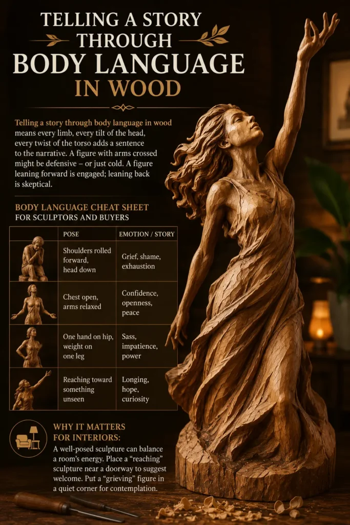 An educational infographic titled "TELLING A STORY THROUGH BODY LANGUAGE IN WOOD." On the right, a dynamic wood sculpture depicts a woman with flowing hair reaching an arm upward in a powerful, expressive pose. The left features a "Body Language Cheat Sheet" table pairing poses with emotions like grief, confidence, sass, and longing. A lower section offers design tips on how sculpture placement balances an interior room's energy.