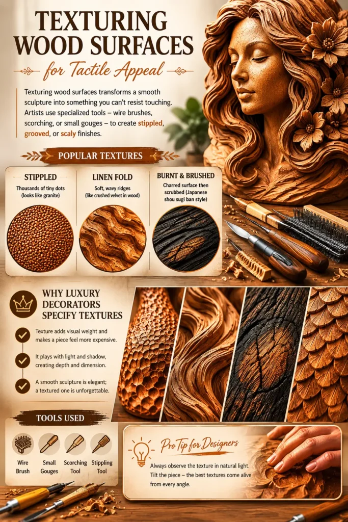 An educational infographic titled "TEXTURING WOOD SURFACES for Tactile Appeal" features a highly detailed wooden bust sculpture of a woman with flowers in her hair. It breaks down popular texturing methods like stippled, linen fold, and burnt & brushed finishes with detailed close-up examples. A row of images below displays a stippled surface, wavy linen-fold lines, charred wood grain, and a scaly pattern, alongside a small section listing carving tools used.