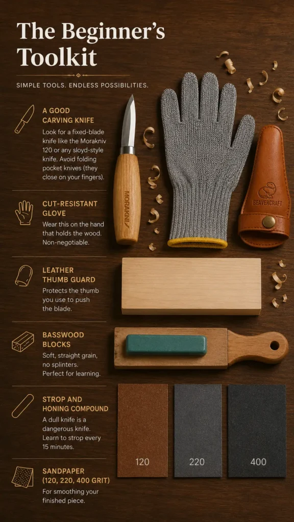 This visual guide for new carvers features essential tools laid out on a dark wood background. It includes a fixed-blade carving knife (Morakniv 120), a grey cut-resistant glove, a leather thumb guard, and a basswood block. The toolkit also shows sharpening supplies like a strop with honing compound and three varieties of sandpaper (120, 220, and 400 grit) for smoothing finished pieces. Text descriptions explain the purpose of each item, emphasizing safety and the use of soft, straight-grain wood.