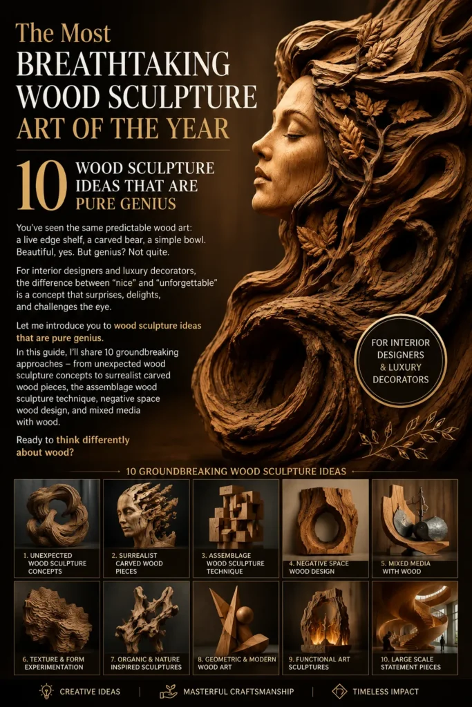 An infographic guide titled "The Most BREATHTAKING WOOD SCULPTURE ART OF THE YEAR: 10 WOOD SCULPTURE IDEAS THAT ARE PURE GENIUS." The right side features a large, detailed profile carving of a woman with leaves in her hair. Below, a numbered grid showcases ten distinct styles, including unexpected concepts, surrealist carved pieces, assemblage technique, negative space design, mixed media, texture experimentation, geometric shapes, functional art, and large-scale statement pieces.