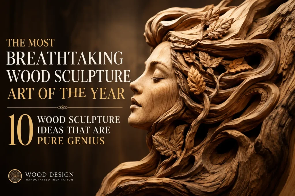 An exquisite profile view of a woman’s face hand-carved from a textured block of wood. Her eyes are closed in serene contemplation, and her flowing hair beautifully blends with realistic wooden branches and textured oak leaves. Gold and white text on the dark background reads: "THE MOST BREATHTAKING WOOD SCULPTURE ART OF THE YEAR: 10 WOOD SCULPTURE IDEAS THAT ARE PURE GENIUS." The lower corner features a subtle branding icon for "WOOD DESIGN: HANDCRAFTED INSPIRATION."