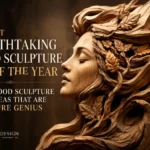 An exquisite profile view of a woman’s face hand-carved from a textured block of wood. Her eyes are closed in serene contemplation, and her flowing hair beautifully blends with realistic wooden branches and textured oak leaves. Gold and white text on the dark background reads: "THE MOST BREATHTAKING WOOD SCULPTURE ART OF THE YEAR: 10 WOOD SCULPTURE IDEAS THAT ARE PURE GENIUS." The lower corner features a subtle branding icon for "WOOD DESIGN: HANDCRAFTED INSPIRATION."
