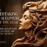 An exquisite profile view of a woman’s face hand-carved from a textured block of wood. Her eyes are closed in serene contemplation, and her flowing hair beautifully blends with realistic wooden branches and textured oak leaves. Gold and white text on the dark background reads: "THE MOST BREATHTAKING WOOD SCULPTURE ART OF THE YEAR: 10 WOOD SCULPTURE IDEAS THAT ARE PURE GENIUS." The lower corner features a subtle branding icon for "WOOD DESIGN: HANDCRAFTED INSPIRATION."