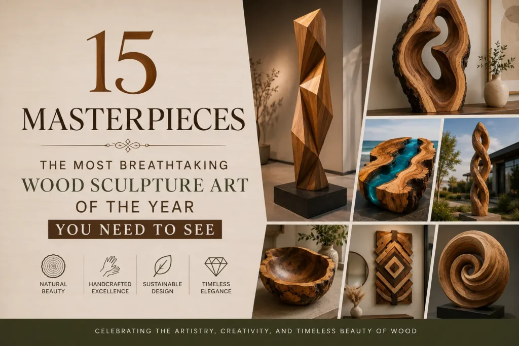 An infographic collage titled "15 MASTERPIECES: THE MOST BREATHTAKING WOOD SCULPTURE ART OF THE YEAR YOU NEED TO SEE." The left panel includes icons for natural beauty, handcrafted excellence, sustainable design, and timeless elegance. The right side features a collage of wooden art pieces, including a faceted geometric pillar, a live-edge hollowed sculpture, a blue resin river table, a twisted outdoor helix, a rustic wooden bowl, a layered entryway panel, and a carved spiral form.
