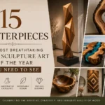 An infographic collage titled "15 MASTERPIECES: THE MOST BREATHTAKING WOOD SCULPTURE ART OF THE YEAR YOU NEED TO SEE." The left panel includes icons for natural beauty, handcrafted excellence, sustainable design, and timeless elegance. The right side features a collage of wooden art pieces, including a faceted geometric pillar, a live-edge hollowed sculpture, a blue resin river table, a twisted outdoor helix, a rustic wooden bowl, a layered entryway panel, and a carved spiral form.