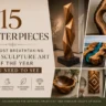 An infographic collage titled "15 MASTERPIECES: THE MOST BREATHTAKING WOOD SCULPTURE ART OF THE YEAR YOU NEED TO SEE." The left panel includes icons for natural beauty, handcrafted excellence, sustainable design, and timeless elegance. The right side features a collage of wooden art pieces, including a faceted geometric pillar, a live-edge hollowed sculpture, a blue resin river table, a twisted outdoor helix, a rustic wooden bowl, a layered entryway panel, and a carved spiral form.