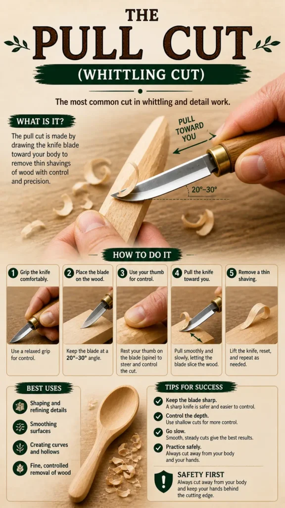 An educational infographic titled "The Pull Cut (Whittling Cut)," identified as the most common cut for detail work. The main image shows a hand drawing a carving knife toward the thumb at a 20°-30° angle to create a thin wood shaving. A 5-step visual guide demonstrates gripping the knife, thumb-lever control, and the slicing motion. The pin includes sections on "Best Uses" like refining details and "Tips for Success," emphasizing safety and blade sharpness.