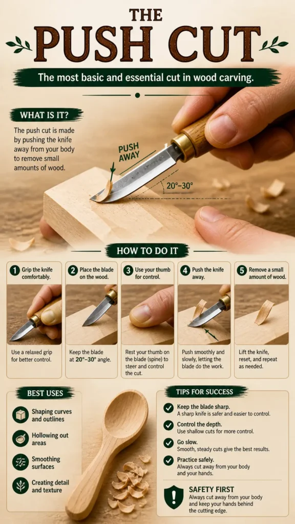 An educational infographic titled "The Push Cut," described as the most basic and essential cut in wood carving. The image features a large close-up of a hand using a carving knife at a 20°-30° angle to remove a wood curl, with the label "Push Away." Below, a 5-step visual guide explains how to grip the knife, place the blade, use the thumb for control, push away, and reset. The pin also highlights best uses like shaping curves and smoothing surfaces, emphasizing a "Safety First" approach.