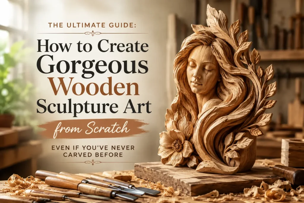 An educational infographic titled "THE ULTIMATE GUIDE: How to Create Gorgeous Wooden Sculpture Art from Scratch (EVEN IF YOU'VE NEVER CARVED BEFORE)." On the right sits a beautiful wooden bust of a serene woman with flowing hair intricately woven with leaves and a large flower at the base. Wood carving chisels and shavings are scattered on the workbench in the foreground. The warm workshop setting in the background features soft window light.