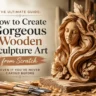 An educational infographic titled "THE ULTIMATE GUIDE: How to Create Gorgeous Wooden Sculpture Art from Scratch (EVEN IF YOU'VE NEVER CARVED BEFORE)." On the right sits a beautiful wooden bust of a serene woman with flowing hair intricately woven with leaves and a large flower at the base. Wood carving chisels and shavings are scattered on the workbench in the foreground. The warm workshop setting in the background features soft window light.