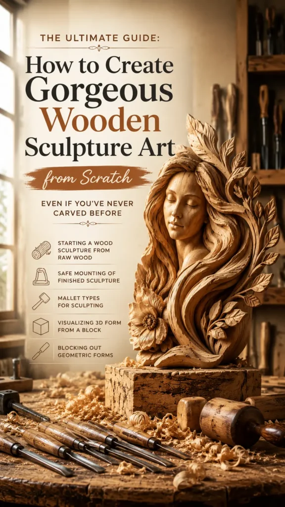 An educational infographic titled "THE ULTIMATE GUIDE: How to Create Gorgeous Wooden Sculpture Art from Scratch (EVEN IF YOU'VE NEVER CARVED BEFORE)." On the right sits a beautiful wooden bust of a serene woman with flowing hair intricately woven with leaves and a large flower at the base. Wood carving chisels and shavings are scattered on the workbench in the foreground. The warm workshop setting in the background features soft window light.