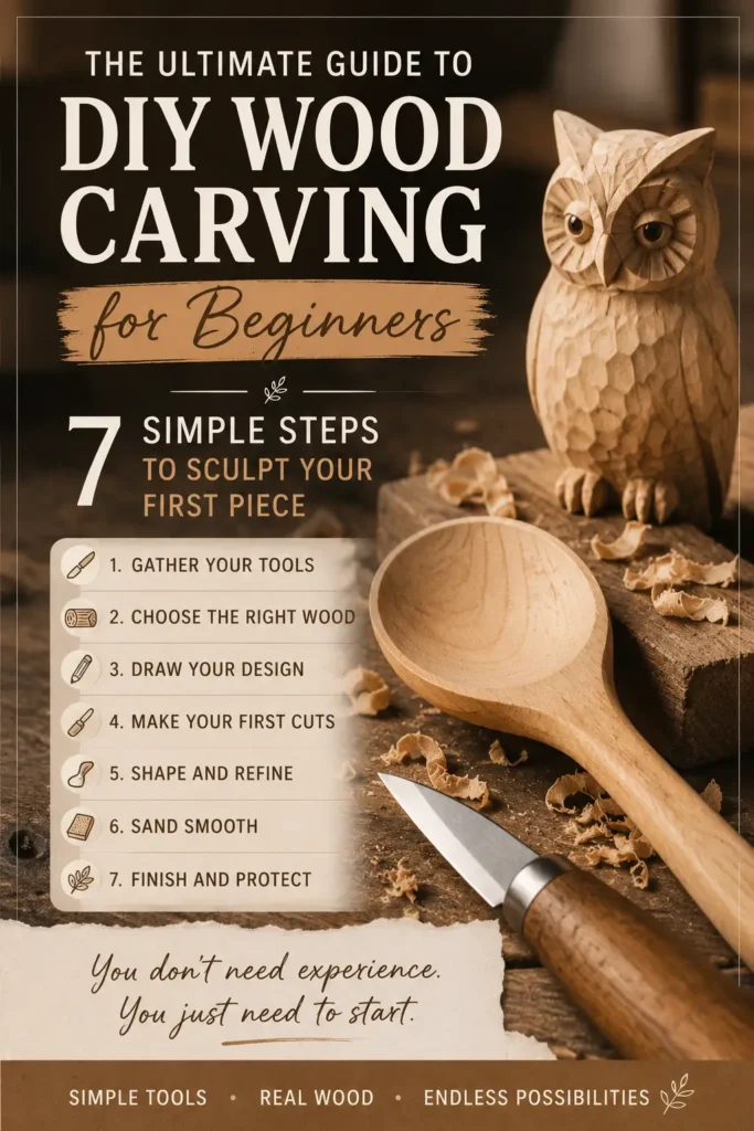 A 7-step guide to sculpting your first piece: 1. Gather tools, 2. Choose wood, 3. Draw design, 4. First cuts, 5. Shape/refine, 6. Sand, 7. Finish. The visual features a hand-carved wooden owl, a finished spoon, and a carving knife on a rustic workbench. It emphasizes that no experience is needed to start this rewarding hobby.