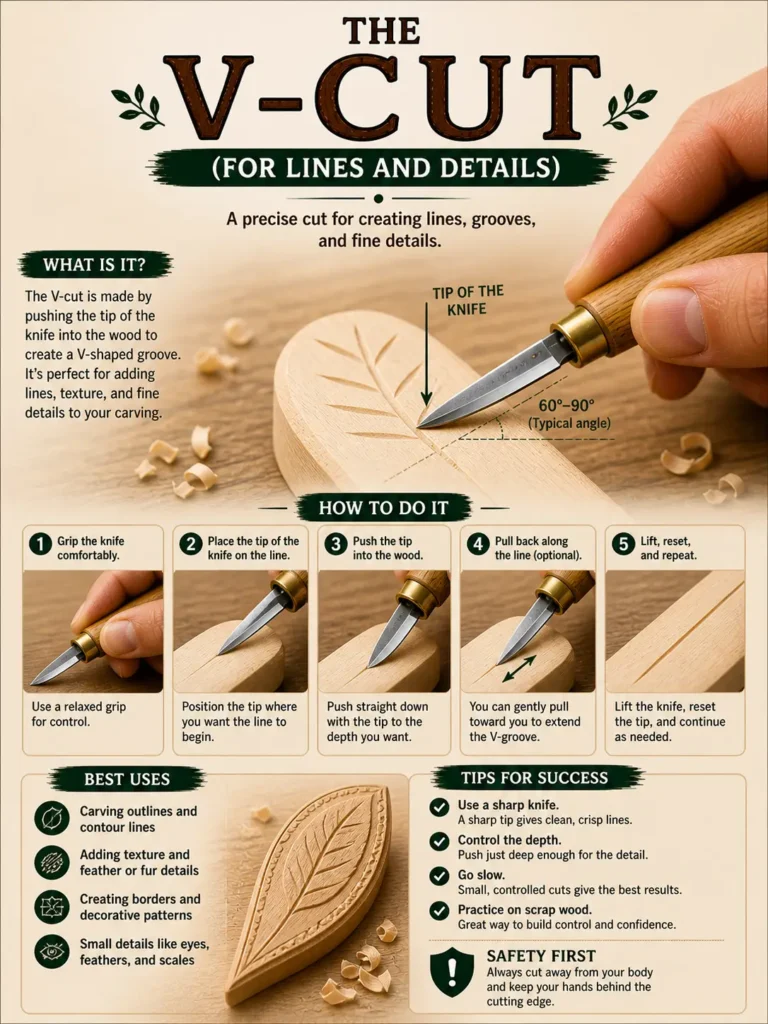 An educational infographic titled "The V-Cut (For Lines and Details)," a precise wood carving technique for creating grooves. The main image shows a knife tip being pushed into wood at a 60°-90° angle to create a V-shaped leaf pattern. A 5-step visual guide explains how to grip the tool, position the tip, push for depth, and extend the groove. The pin also highlights best uses like carving outlines, fur/feather textures, and decorative borders.
