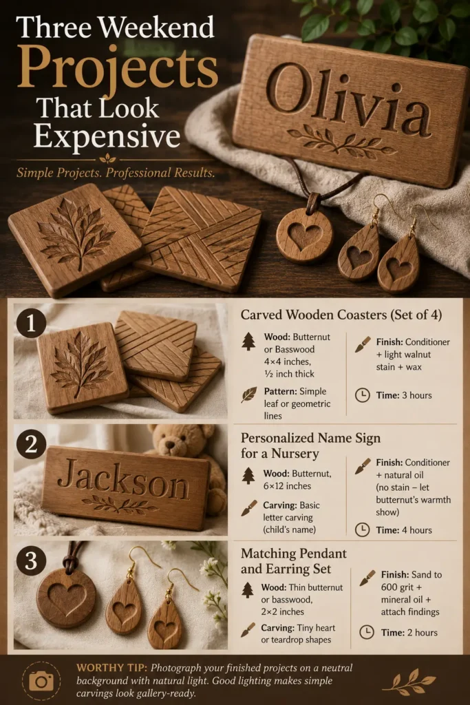 An infographic titled "THREE WEEKEND PROJECTS THAT LOOK EXPENSIVE." The top section displays an elegant arrangement of completed wood carving projects: a set of square patterned coasters, a personalized name sign reading "Olivia," and a matching heart jewelry set. Below, three numbered panels detail each project with material dimensions, finishing steps, and completion times: project one details carved wooden coasters; project two covers a nursery name sign reading "Jackson"; and project three outlines a heart pendant and earring set.