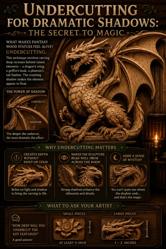An infographic titled "UNDERCUTTING FOR DRAMATIC SHADOWS: THE SECRET TO MAGIC." The main image showcases a detailed wooden dragon relief sculpture, demonstrating how deep recesses create bold shadows under its wings and scales. Lower sections explain why the undercutting technique matters—adding depth, improving long-distance visibility, and creating mystery. The bottom panel provides a consumer guide on what depth to ask an artist for, ranging from 0.5 inches to 2 inches.