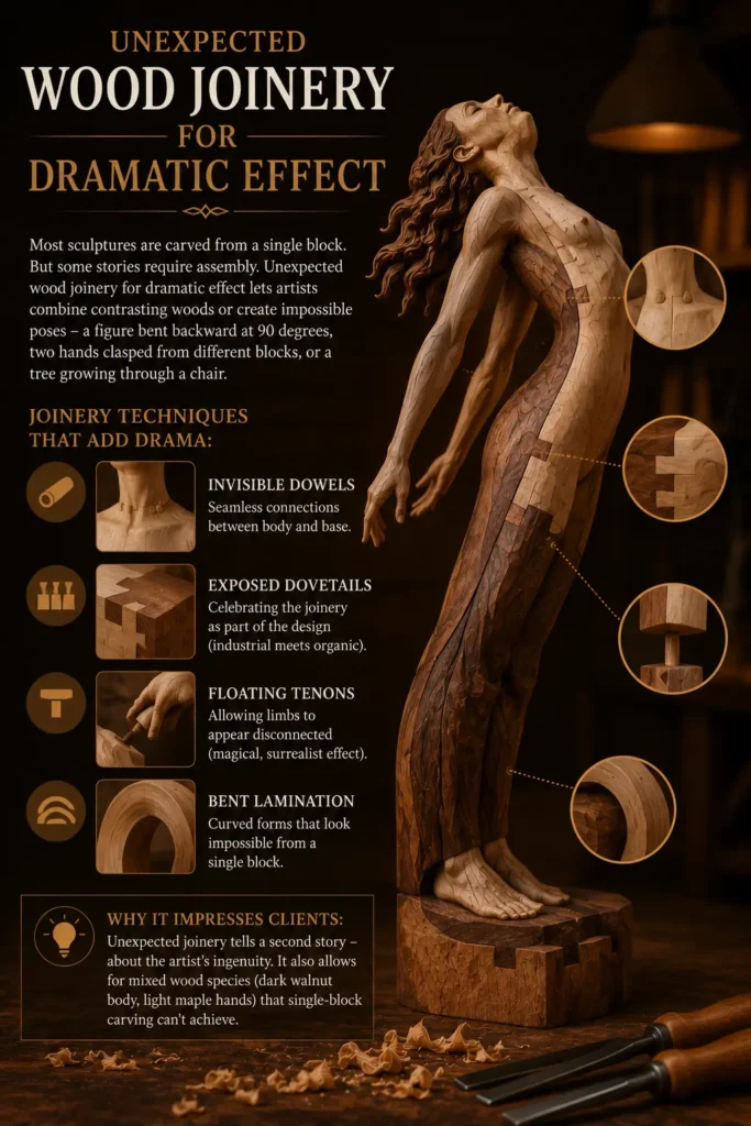 An educational infographic titled "UNEXPECTED WOOD JOINERY FOR DRAMATIC EFFECT." On the right, a dynamic sculpture of a woman arching her back combines contrasting light and dark wood tones. Four circular close-up icons on the right highlight specific joint styles, while the left text breaks down advanced joinery techniques: invisible dowels, exposed dovetails, floating tenons, and bent lamination. Carving tools rest on a shaving-covered workbench in the foreground.
