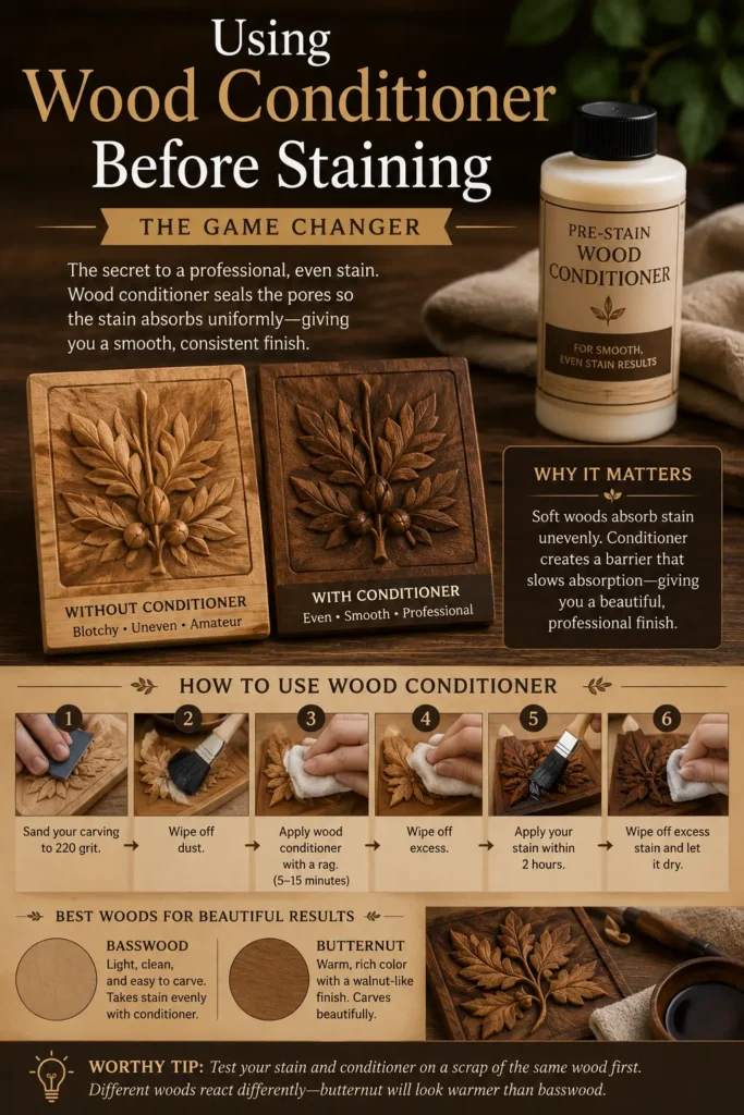 An infographic titled "USING WOOD CONDITIONER BEFORE STAINING: THE GAME CHANGER." The top features a bottle of pre-stain wood conditioner next to two carved leaf plaques: one labeled "Without Conditioner" showing a blotchy, uneven finish, and one labeled "With Conditioner" showing an even, professional finish. Below, a 6-step tutorial demonstrates sanding, wiping dust, applying conditioner, wiping excess, applying stain, and a final wipe. The bottom lists basswood and butternut as ideal woods.