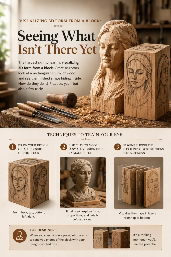 An infographic titled "VISUALIZING 3D FORM FROM A BLOCK: Seeing What Isn’t There Yet." On the right, a partially carved wooden bust of a woman stands next to a raw wooden block with her face sketched on its sides. Below, three eye-training techniques are pictured: drawing a design on all six sides of a block, using a clay maquette to model a small version first, and imagining slicing the block into cross-section layers. A lower section offers practical tips for design commissions.