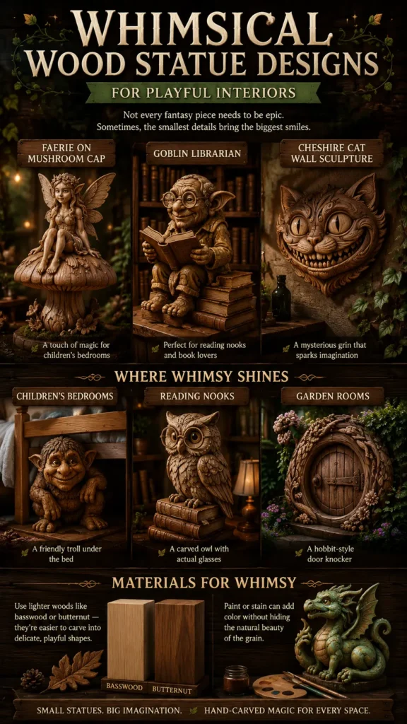 An infographic titled "WHIMSICAL WOOD STATUE DESIGIONS FOR PLAYFUL INTERIORS." It features three charming wooden carvings: a twisted fairy cottage, an intricate treehouse on a gnarled trunk, and a miniature fantasy castle. Each design is paired with its style name (whimsical, rustic, high fantasy) and its primary decorative purpose. The bottom panel includes layout blocks detailing key design tips for integrating playful fantasy art into an understated, clean room setup.