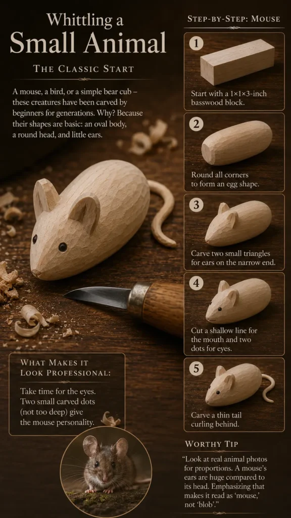 An infographic titled "WHITTLING A SMALL ANIMAL: THE CLASSIC START." The main visual features a fully completed, hand-carved wooden mouse with basic shapes, a thin curling tail, and distinct small dark eyes, resting next to a whittling knife. The right side shows a 5-step tutorial titled "STEP-BY-STEP: MOUSE," demonstrating how to transition a $1\times1\times3$-inch basswood block into an egg shape, add triangular ears, cut eyes and a mouth, and carve the tail. A small photo of a real mouse is at the bottom.