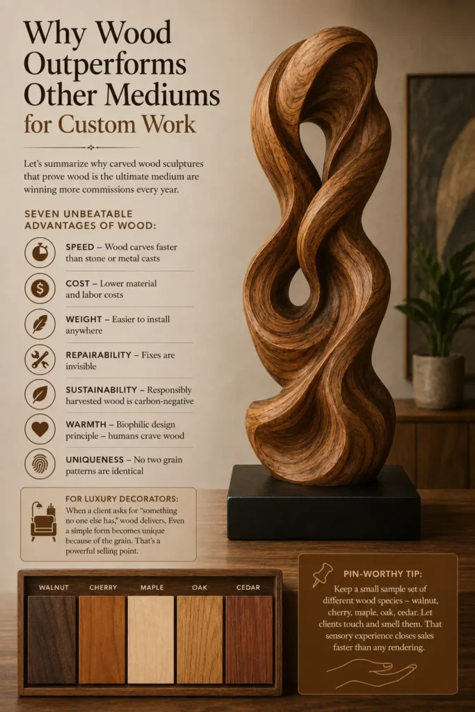 An infographic titled "WHY WOOD OUTPERFORMS OTHER MEDIUMS FOR CUSTOM WORK." On the right, a tall, abstract wooden sculpture with sweeping, fluid curves sits on a dark pedestal. The left side lists seven advantages: speed, cost, weight, repairability, sustainability, warmth, and uniqueness. A small rectangular box at the bottom displays a physical sample set of five different wood types: dark walnut, medium cherry, light maple, textured oak, and warm cedar.