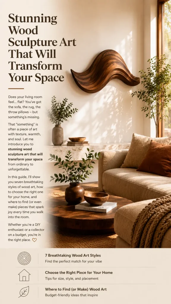 This interior design guide highlights the warmth and texture wood art brings to a home. The image shows a minimalist, sunlit living room featuring a large, wavy wooden wall sculpture with rich grain patterns. The guide includes:
7 Breathtaking Wood Art Styles: Helping you find the perfect match for your vibe.
Choose the Right Piece for Your Home: Tips on size, style, and placement.
Where to Find (or Make) Wood Art: Budget-friendly ideas for DIY enthusiasts and collectors.
The room is styled with organic elements like indoor plants, a low wooden coffee table, and a neutral-toned sofa, emphasizing a natural and soul-filled aesthetic.