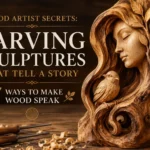 An educational infographic titled "WOOD ARTIST SECRETS: CARVING SCULPTURES THAT TELL A STORY" with the subtitle "7 WAYS TO MAKE WOOD SPEAK." On the right, a detailed wooden sculpture features the serene face of a woman carved into an organic piece of wood, looking down at a small carved bird perched on a branch beneath her hair. In the foreground, wood carving chisels and fresh shavings rest on a dark wooden workbench against a warm, blurred studio background.
