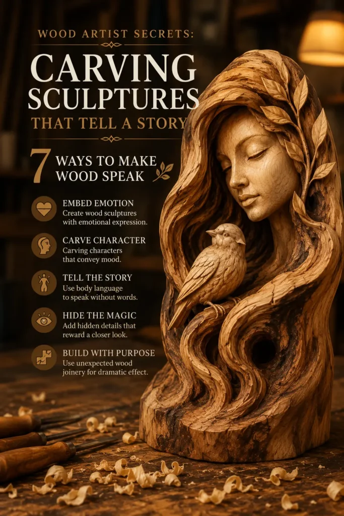An educational infographic titled "WOOD ARTIST SECRETS: CARVING SCULPTURES THAT TELL A STORY" with the subtitle "7 WAYS TO MAKE WOOD SPEAK." On the right, a detailed wooden sculpture features the serene face of a woman carved into an organic piece of wood, looking down at a small carved bird perched on a branch beneath her hair. In the foreground, wood carving chisels and fresh shavings rest on a dark wooden workbench against a warm, blurred studio background.