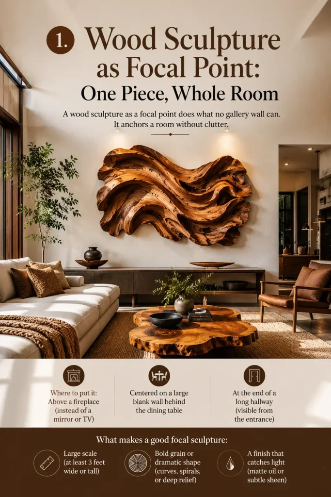 An infographic titled "1. WOOD SCULPTURE AS FOCAL POINT: ONE PIECE, WHOLE ROOM." A modern, warm living room features a huge, wavy abstract wood wall sculpture hanging above a sleek dark console table. A live-edge wooden coffee table sits on a woven rug near a white sofa with textured brown pillows. The lower section includes placement advice (above a fireplace, centered on a dining wall, or in a hallway) and tips on what makes a good focal sculpture, like large scale and bold grain.