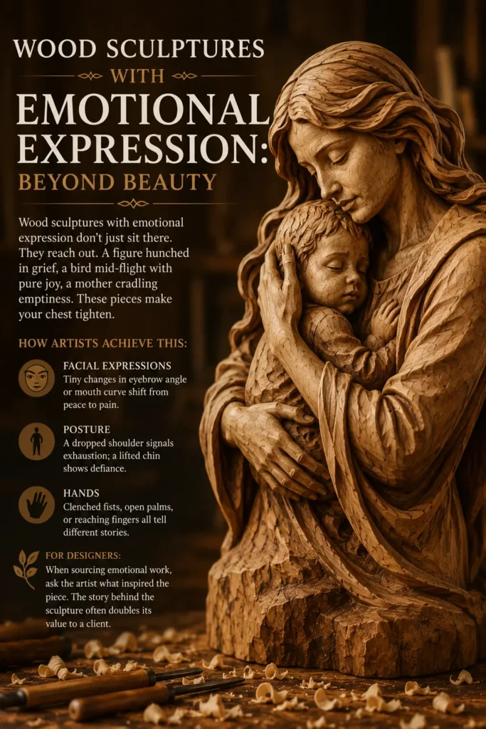 An educational infographic titled "WOOD SCULPTURES WITH EMOTIONAL EXPRESSION: BEYOND BEAUTY." On the right, a detailed wood sculpture depicts a mother tenderly cradling a sleeping child. The text on the left outlines how artists achieve emotional depth, detailing elements like facial expressions, posture, and hands. Carving chisels and wood shavings rest in the foreground on a workbench, set against a dark workshop backdrop.